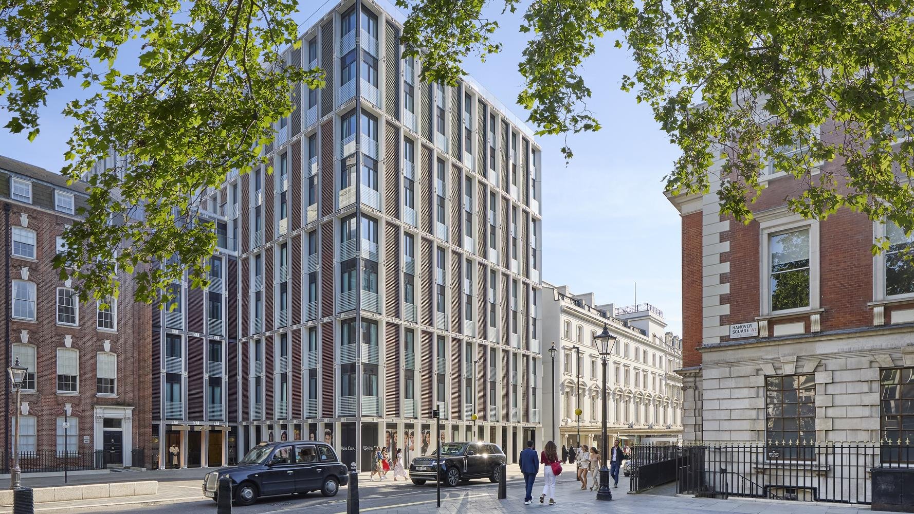 A Mandarin Oriental Mayfair London guest accommodation with the substantial Rockwell Group contemporary Mayfair luxury interior configuration and the dedicated Hanover Square orientation evocative of the property's specific 2024-opening contemporary Mayfair identity