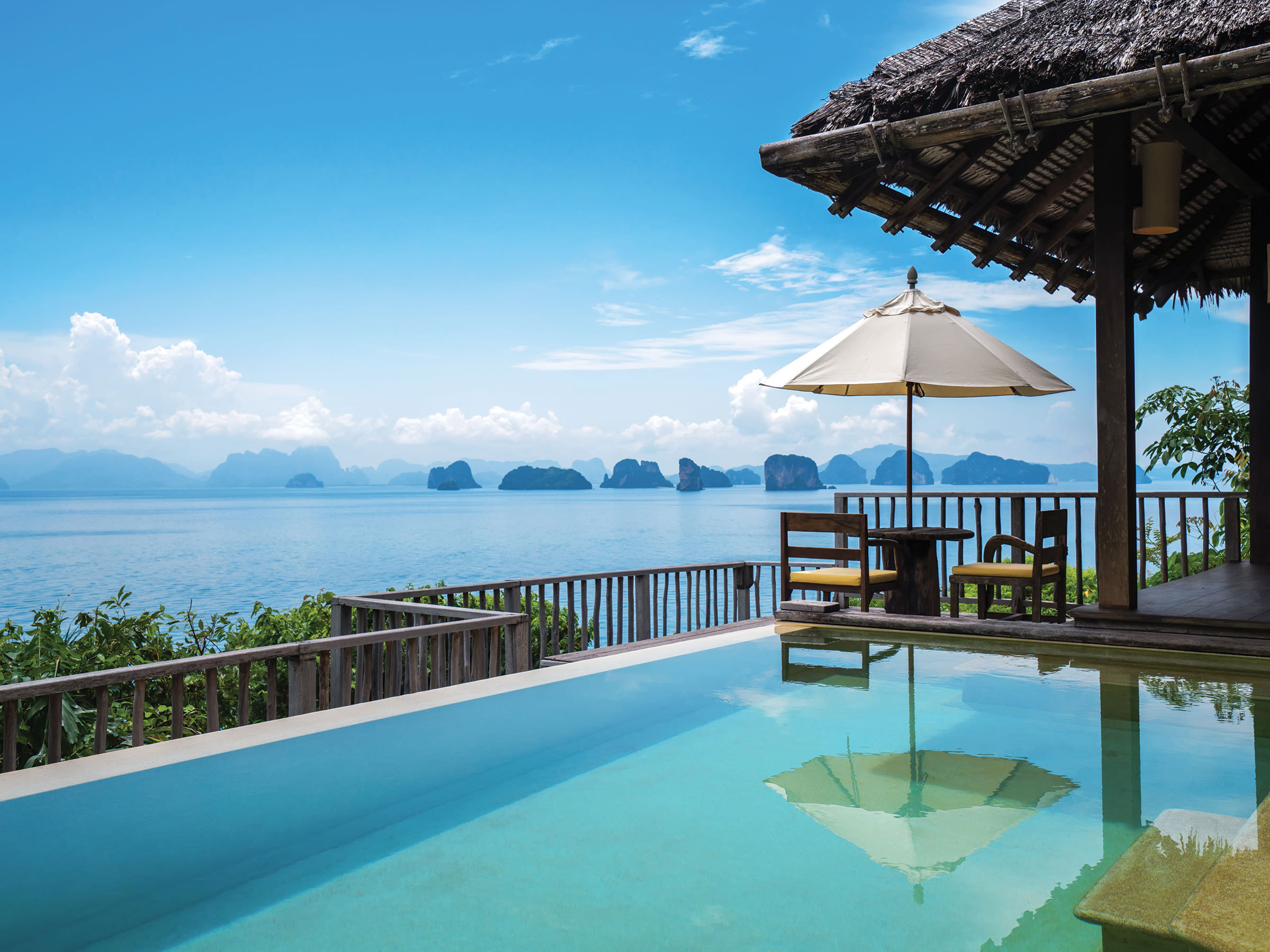 Six Senses Yao Noi infinity pool overlooking Phang Nga Bay with the iconic limestone karst islands in the background — the most photographically distinctive single image of the property